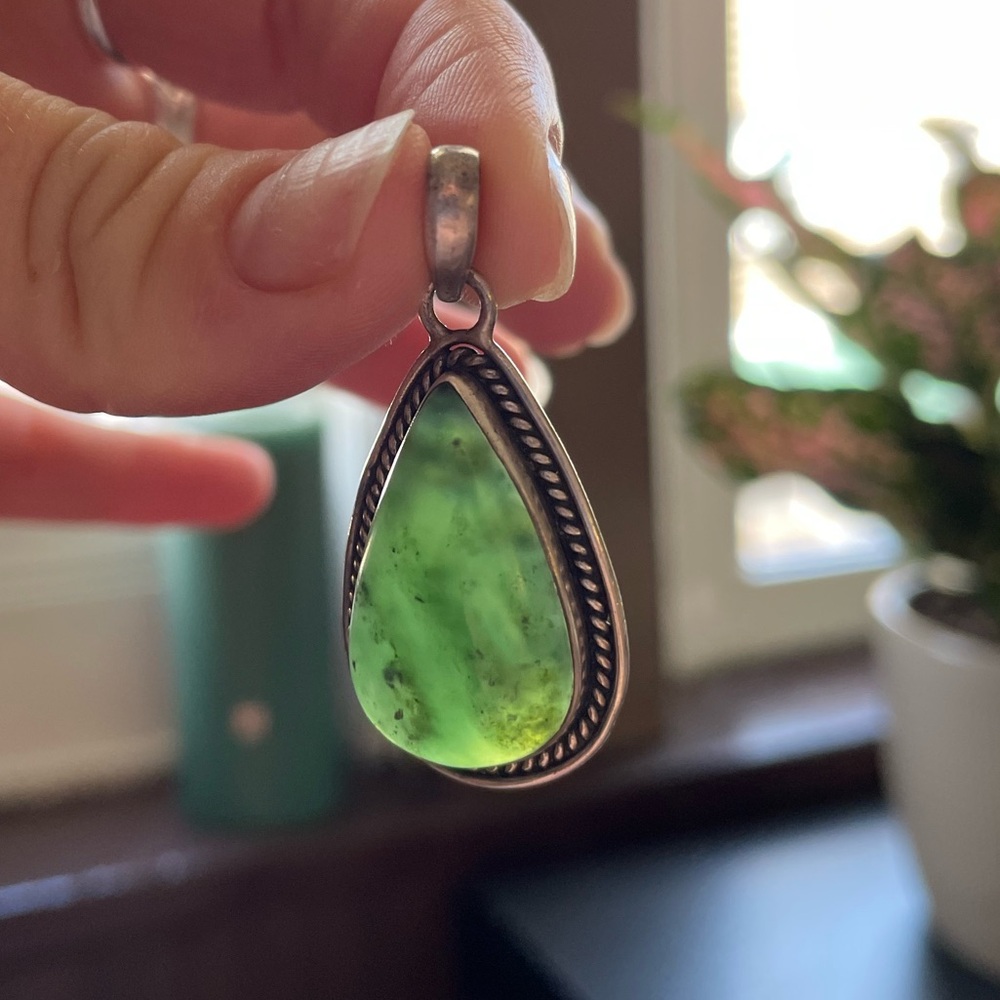 Green healing stone pendant teardrop— sterling silver